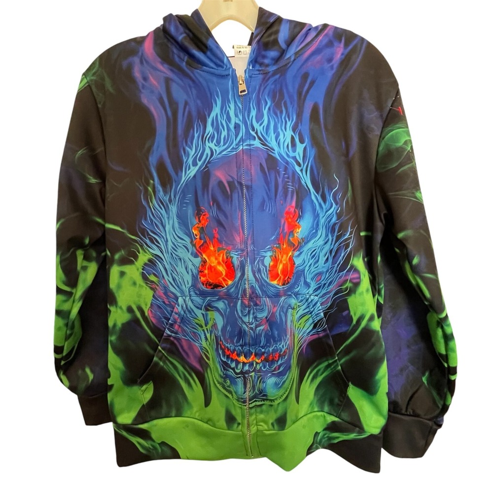 Youth Boys ~ Black Skull On Fire Hoodie ~ Zip-Up ~ Size L ~ Pre-Owned ~